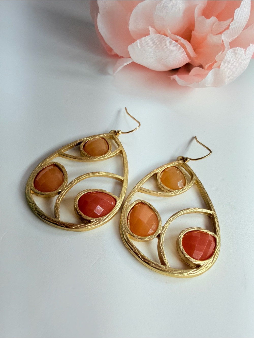 Gold Teardrop Earrings with Orange and Coral Gemstones